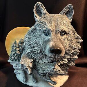Gray Wolf Blue Eyed Timber Pack on Rocks 10" H x 10.5" L x 4.5" W Ceramic displa